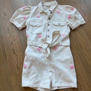White Denim Romper with Pink Sequin Stars